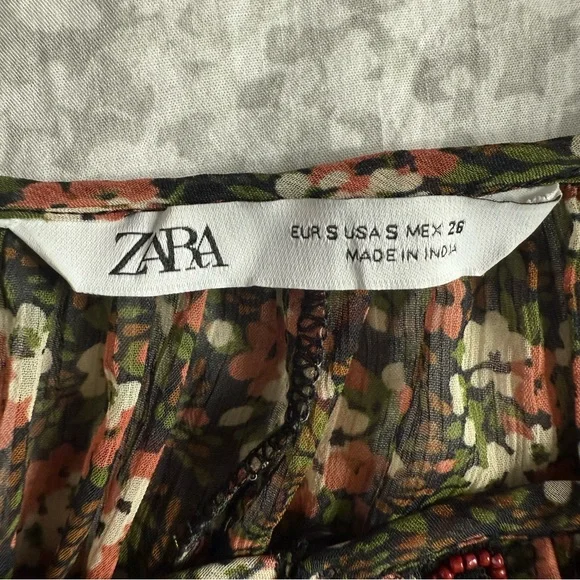 Zara Floral Beaded Mini Dress Small Peasant BOHO Festive Ruffle Smocked - Picture 11 of 15